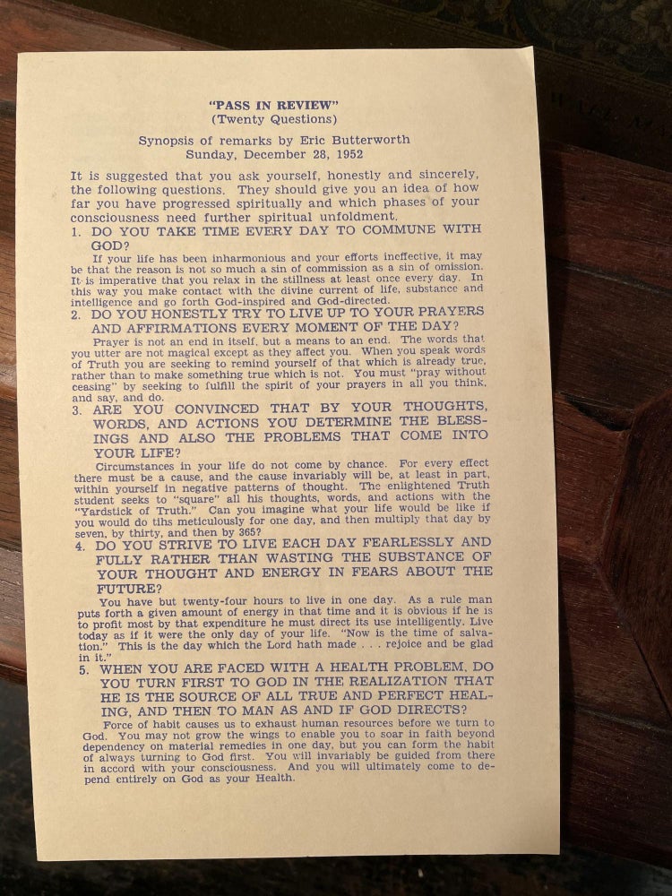 Item #2157 Pass in Review (Twenty Questions); Synopsis of remarks by Eric Butterworth Sunday, December 28, 1952. Eric BUTTERWORTH.